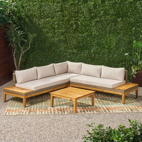 Loft Outdoor Acacia Wood and Wicker 5 Seater Sectional Sofa Set