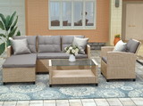 U_Style Outdoor, Patio Furniture Sets, 4 Piece Conversation Set Wicker Ratten Sectional Sofa with Seat Cushions (Beige Brown) Wy000112Eaa
