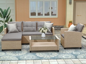 U_Style Outdoor, Patio Furniture Sets, 4 Piece Conversation Set Wicker Ratten Sectional Sofa with Seat Cushions (Beige Brown) Wy000112Eaa