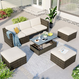 U_Style Patio Furniture Sets, 5-Piece Patio Wicker Sofa with Adustable Backrest, Cushions, Ottomans and Lift Top Coffee Table Wy000217Aaa
