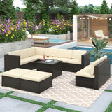 U_Style 9 Piece Rattan Sectional Seating Group with Cushions and Ottoman, Patio Furniture Sets, Outdoor Wicker Sectional Wy000276Aaa