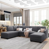 Ustyle Large U-Shape Sectional Sofa, Double Extra Wide Chaise Lounge Couch, Grey