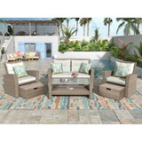 U-style Patio Furniture Set, 4 Piece Outdoor Conversation Set All Weather Wicker Sectional Sofa with Ottoman and Cushions