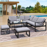 [Not Allowed to Sell to Wayfair]U_Style Industrial Style Outdoor Sofa Combination Set with 2 Love Sofa, 1 Single Sofa, 1 Table, 2 Bench