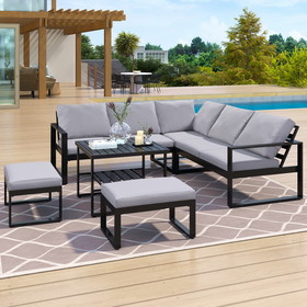 [Not Allowed to Sell to Wayfair]U_Style Industrial Style Outdoor Sofa Combination Set with 2 Love Sofa, 1 Single Sofa, 1 Table, 2 Bench