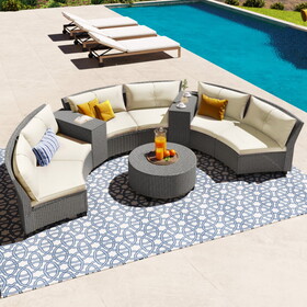 U_Style 6 - Person Fan-shaped Rattan Suit Combination with Cushions and Table,Suitable for Garden
