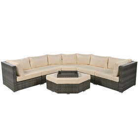 U-style Patio Furniture Set, 6 Piece Outdoor Conversation Set All Weather Wicker Sectional Sofa with Ottoman and Cushions and Small Trays WY000375AAA