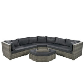 U-style Patio Furniture Set, 6 Piece Outdoor Conversation Set All Weather Wicker Sectional Sofa with Ottoman and Cushions and Small Trays WY000375AAE