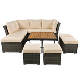 U_STYLE Patio Furniture Set, 9 Piece Outdoor Conversation Set, CoffeeTable with Ottomans, Solid wood coffee table WY000378AAA