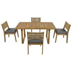 U_Style Multi-person Outdoor Acacia Wood Dining Table and Chair Set, Thick Cushions, Suitable for Balcony, Vourtyard, and Garden. WY000393AAA