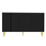 TREXM Modern Sideboard MDF Buffet Cabinet Marble Sticker Tabletop and Amber-yellow Tempered Glass Doors with Gold Metal Legs & Handles (Black) XW000010AAB