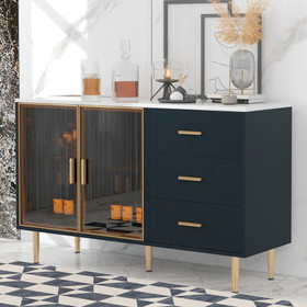 Trexm Sideboard MDF Buffet Cabinet Marble Sticker Tabletop and Amber-Yellow Tempered Glass Doors with Gold Metal Legs & Handles (Navy Blue)
