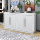 Trexm Sideboard with 4 Doors Large Storage Space Buffet Cabinet with Adjustable Shelves and Silver Handles for Kitchen, Dining Room, Living Room (White)