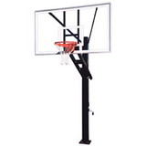 First Team Stainless Olympian Arena Stainless Steel Olympian Bolt Down Basketball System with 42x72 glass backboard