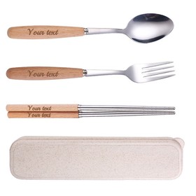 Muka Custom Set of 3 Flatware Set with Case Reusable Wood Handle - Fork, Spoon, Chopsticks