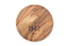 Ironwood Gourmet 28445E336 Circle Serving Board, Acacia Wood, 1942 Wine Barrel Engraving
