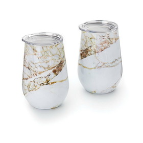 Outset 76485 Double Wall Wine Glass Tumbler with Lid, Copper and White Marble Pattern, 12 Ounce, Set of 2