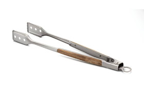 Outset QJ20 Jackson Acacia Wood Locking Tongs for BBQ Grill, Stainless Steel