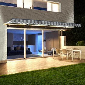 ALEKO AWCL12X10GRYWHT-AP Half Cassette Motorized Retractable LED Luxury Patio Awning - 12 x 10 Feet - Gray and White Stripes