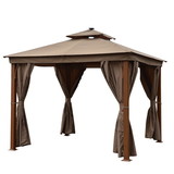 ALEKO GZC10X10W-AP Double Roof Aluminum Gazebo with Wooden Finish and Curtain - 10 x 10 Feet - Sand