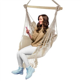 ALEKO HC01-AP Hanging Rope Swing Hammock Chair with Side Pocket and Wooden Spreader Bar - Ivory