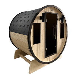 ALEKO SB4PINEBLK-AP Outdoor White Finland Pine Traditional Barrel Sauna with Black Accents - 3-4 Person Capacity