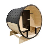 ALEKO SB5PINECPBLK-AP Outdoor White Finland Pine Traditional Barrel Sauna with Black Accents & Front Porch Canopy - 3-5 Person Capacity