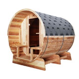 ALEKO SB8CEDARCP-AP Outdoor/Indoor Red Cedar Wet/Dry Barrel Sauna - Front Porch Canopy with Panoramic View - Bitumen Shingle Roofing - 8 kW UL Certified KIP Harvia Heater - 6-8 Person