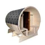 ALEKO SB8PINECP-AP Outdoor or Indoor White Finland Pine Wet Dry Barrel Sauna - Front Porch Canopy - 8 kW UL Certified KIP Harvia Heater - 6-8 Person