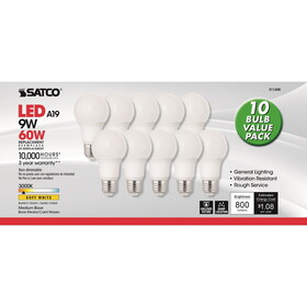 Satco S11400 A19 E26 (Medium) LED Bulb Soft White 60 Watt Equivalence 10 pk