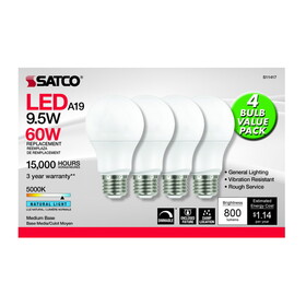 Satco S11417 A19 E26 (Medium) LED Bulb Natural Light 60 Watt Equivalence 4 pk