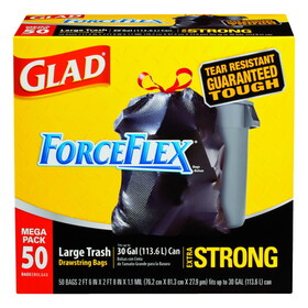 Glad 78539 ForceFlex 30 gal No Scent Trash Bags Drawstring 50 pk