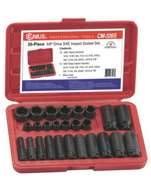 Genius Tools CM-326S 26PC 3/8" Dr. SAE Impact Socket Set (CR-Mo)