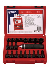 Genius Tools ID-321S 21PC 3/8" Dr. SAE Impact Driver Set (CR-Mo)
