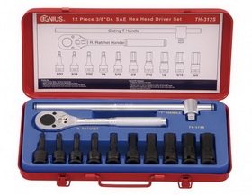 Genius Tools TH-312S 12PC 3/8" Dr. SAE Hex Impact Bit Socket Set (CR-Mo)