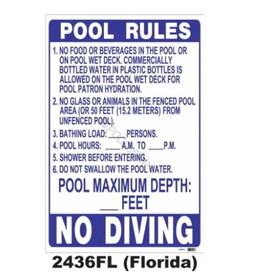 2436FL 24&quot; X 36&quot; Florida Pool Rules New Sign