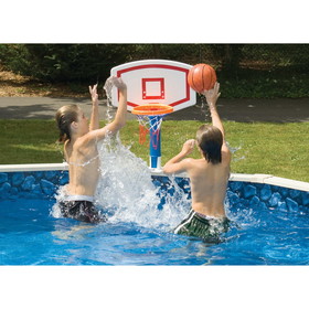 Swimline 9182 Jammin&#039; Basketball Game For Above Ground Pools - Blow Molded Adjustable Height Design Attaches To The Top Rail Complete With Real Feel Basketball