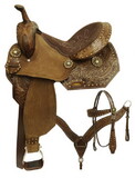 028 Economy Barrel Style Saddle Set with Feather Tooling - 14, 15 Inch