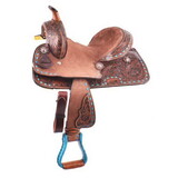 Double T Saddlery 1584910 Pony Hard Seat Barrel Style Saddle With Turquoise Buckstitch - 10 Inch