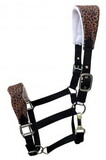 Showman 16776 Adjustable black nylon bronc halter with a padded cheetah noseband and crown