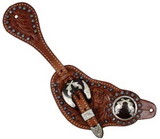 Showman 175121 men's size floral tooled leather silver studded spur straps with silver engraved cross pistol conchos