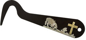 Showman 26114 Praying cowboy brown steel silver engraved hoof pick. Measures 6" long