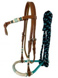 Showman 3313 Fine quality teal and natural rawhide core show bosal with a cotton mecate rein