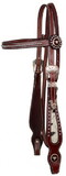 Showman 470 leather browband beaded headstall and reins with hair on cowhide cheeks