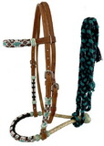 Showman 7022 Leather bosal headstall with southwest design beaded overlays and black/teal cotton mecate reins