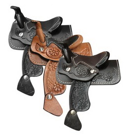 9155 Floral tooled leather Mini decorative saddle. 6.5" tall x 4.75" wide. *INTENDED FOR DECORATION ONLY*