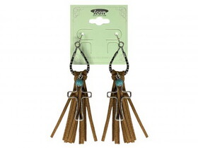 AE4404-SBTQ Teardrop silver earrings with hook back, with leather fringe and cross dangle accent charm