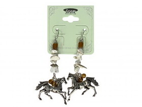 AE4425-SBHO Silver running horse charm earrings with hook back and white stone accents