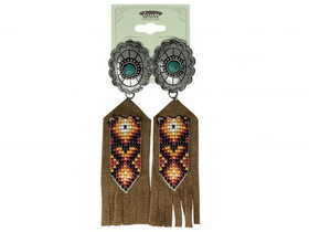 AE4456ASBK Concho Earrings with beaded leather accents - black and yellow