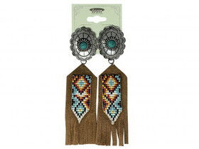 AE4456ASTQ Concho Earrings with beaded leather accents - white and blue